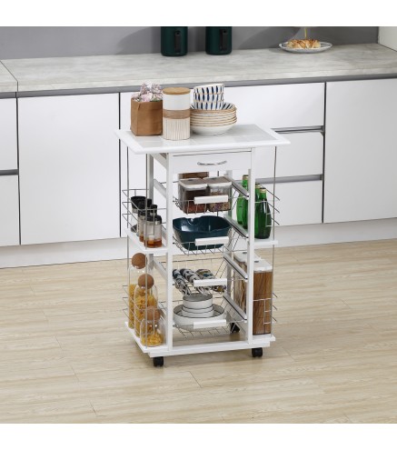 Carrito de Cocina con Ruedas Carrito Verdulero con Cajón Cestas y Estantes Laterales 57x37x83cm Blanco