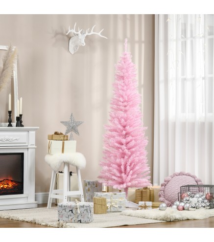 Árbol de Navidad Artificial Estrecho 180 cm con 390 Ramas y Base Desmontable Fácil de Montar Rosa
