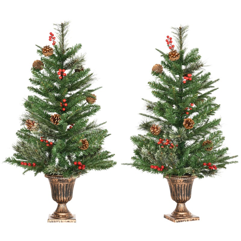 Set de 2 Árboles de Navidad Artificiales de 90cm con con Bayas y Piñas Decoración Navideña para Interiores Verde
