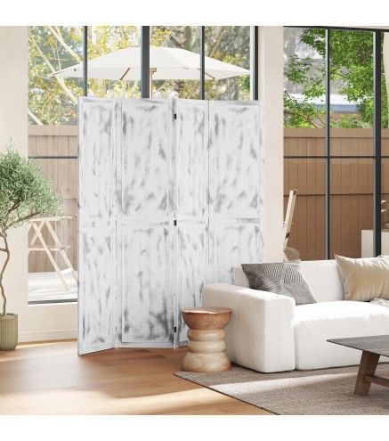 Biombo Divisor Separador de Ambientes de 4 Paneles Plegables de Madera de Paulonia 160,5x170 cm Blanco Rústico