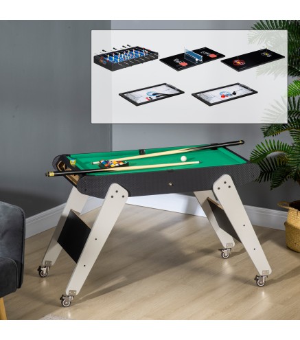 Mesa Multijuegos 6en1 para Niños de +7 Años con Ruedas Billar Futbolín Ping-Pong Anillas Hockey 120x88x79cm Negro