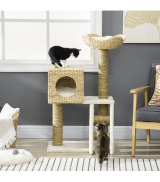 Árbol Rascador para Gatos Medianos Altura 100,5 cm Torre para Gatos con Cama Superior y Cueva de Totora