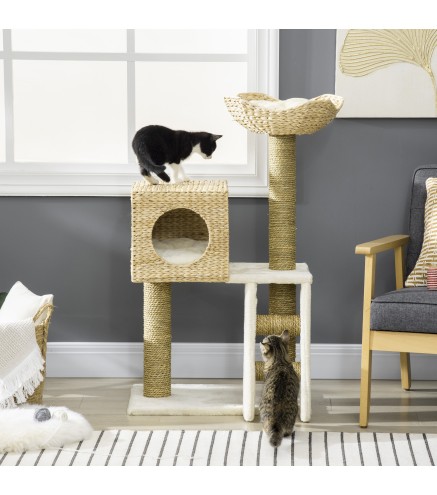 Árbol Rascador para Gatos Medianos Altura 100,5 cm Torre para Gatos con Cama Superior y Cueva de Totora