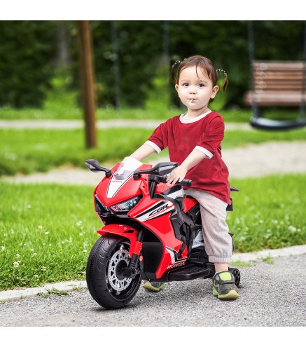 Moto Eléctrica con Licencia HONDA para 3-5 Años con Faros Bocina Música y Ruedas Auxiliares 90x44x52 cm Rojo