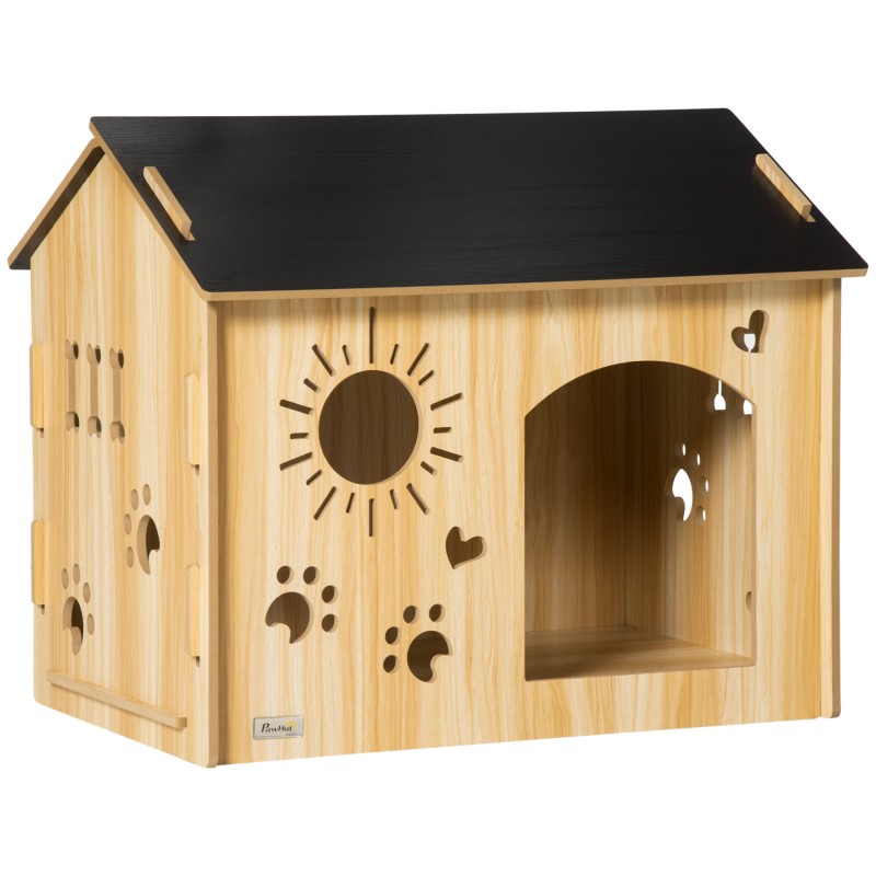 Caseta de Madera para Perros Pequeños Caseta de Interior para Mascotas con Grabados de Formas 69x50x58,5 cm Roble Caseta de Madera para Perros Pequeños Caseta de Interior para Mascotas con Grabados de Formas 69x50x58,5 cm Roble