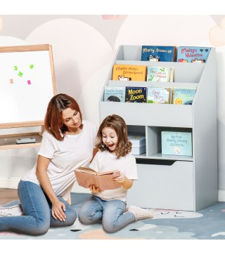 Estantería Infantil de Madera con 3 Compartimentos 2 Cubos y Cajón Móvil con 4 Ruedas 60x29,9x90 cm Gris