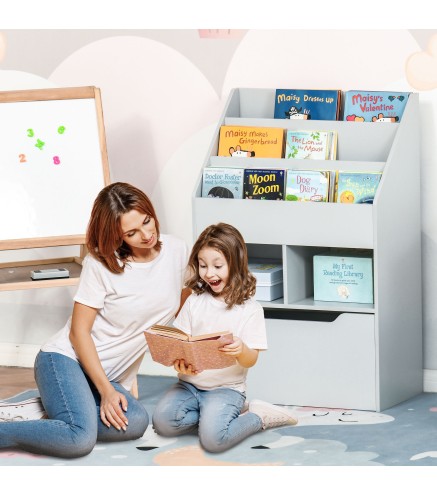 Estantería Infantil de Madera con 3 Compartimentos 2 Cubos y Cajón Móvil con 4 Ruedas 60x29,9x90 cm Gris