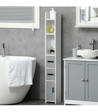 Columna Baño con 3 Puertas y 3 Estantes Mueble Auxiliar Alto de Estilo Moderno 15x17x120cm Blanco y Gris