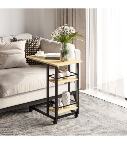 Mesa Auxiliar con Ruedas Mesa Lateral en Forma de C con 2 Estantes Estilo Moderno 60x34,5x64,5 cm Natural