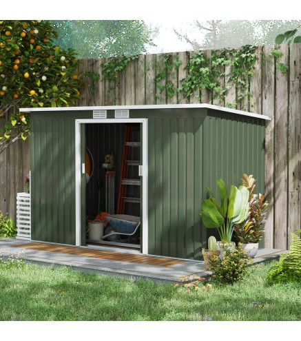 Caseta de Exterior 280x130x172 cm Cobertizo de Jardín con Puertas Correderas Base y Ventilaciones Verde Claro