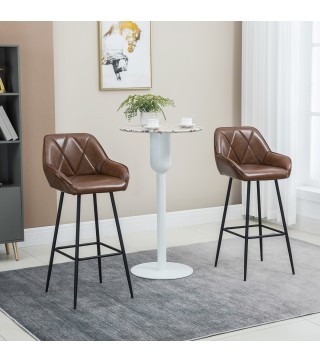 Juego de 2 Taburetes Altos Tapizado en PU con Respaldo Alto Patas de Acero y Reposapiés 50x47,5x102,5 cm Marrón