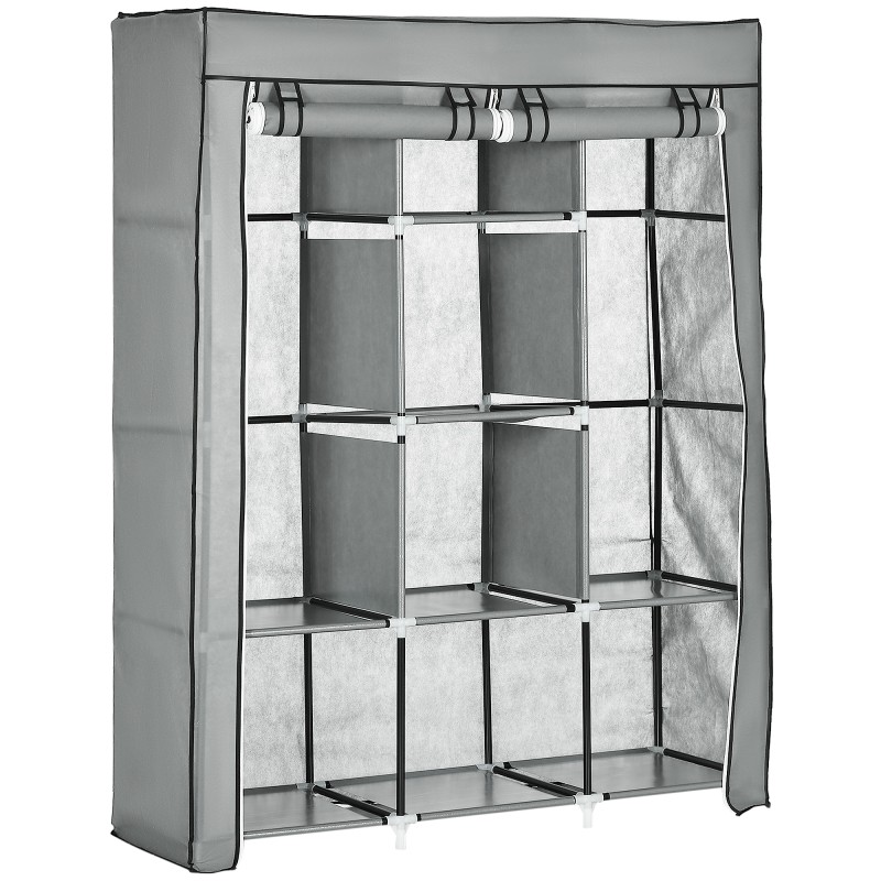 Armario de Tela Plegable Ropero Portátil con 8 Estantes y 2 Barras de Colgar para Dormitorio 125x43x162,5 cm Gris