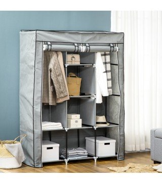 Armario de Tela Plegable Ropero Portátil con 8 Estantes y 2 Barras de Colgar para Dormitorio 125x43x162,5 cm Gris