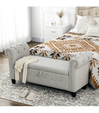 Banqueta Pie de Cama con Almacenamiento y Reposabrazos para Dormitorio Salón Pasillo 146,5x49x74,5 cm Gris Claro