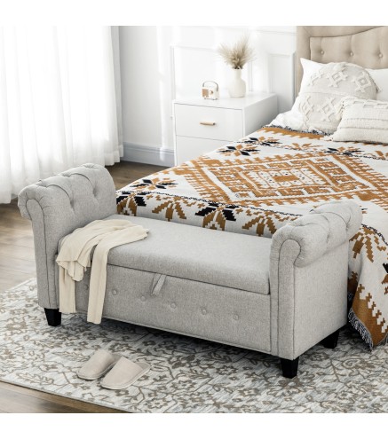 Banqueta Pie de Cama con Almacenamiento y Reposabrazos para Dormitorio Salón Pasillo 146,5x49x74,5 cm Gris Claro