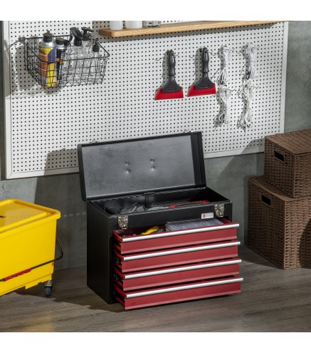 Caja de Herramientas de Acero con 4 Cajones Bandeja Tapa Abatible y Cierres Metálicos 51x22x39,5 cm Negro y Rojo