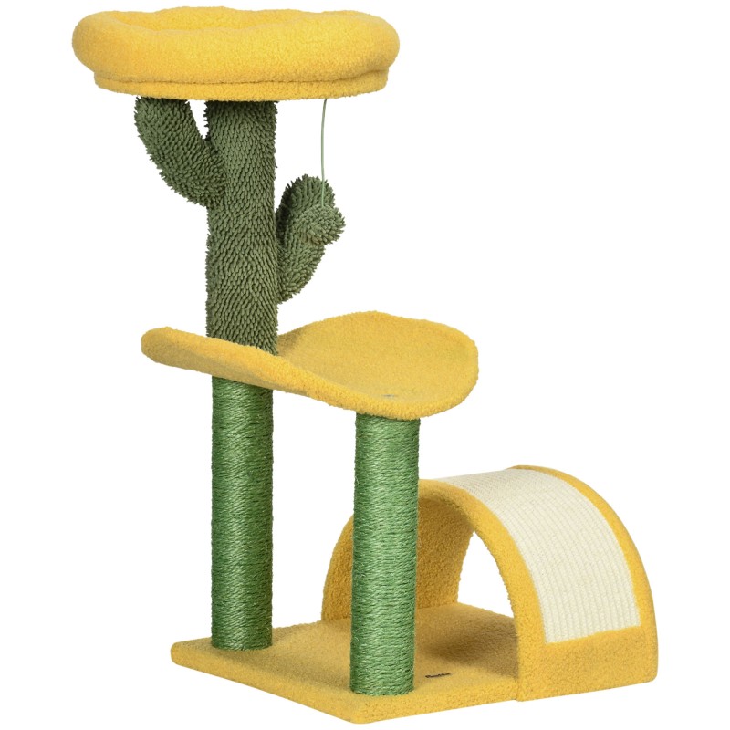 Rascador para Gatos de 72 cm con Cama Poste de Sisal Rascador Curvo y Bola Colgante 40x35x72 cm Verde y Amarillo