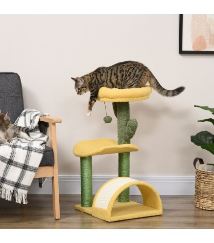 Rascador para Gatos de 72 cm con Cama Poste de Sisal Rascador Curvo y Bola Colgante 40x35x72 cm Verde y Amarillo