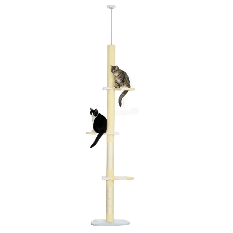 Árbol para Gatos de Suelo a Techo con Altura Ajustable Poste de Sisal y Bola para Jugar 47x34x220-260 cm Crema