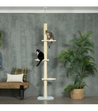 Árbol para Gatos de Suelo a Techo con Altura Ajustable Poste de Sisal y Bola para Jugar 47x34x220-260 cm Crema