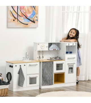 Cocina de Juguete de Madera para Niños de +3 Años Cocinita de Juguete con Luz Sonidos y Taburete Blanco