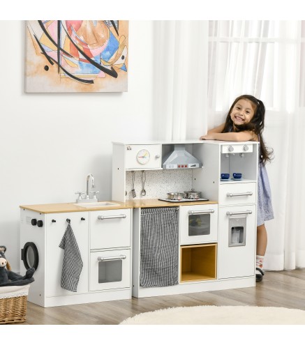 Cocina de Juguete de Madera para Niños de +3 Años Cocinita de Juguete con Luz Sonidos y Taburete Blanco