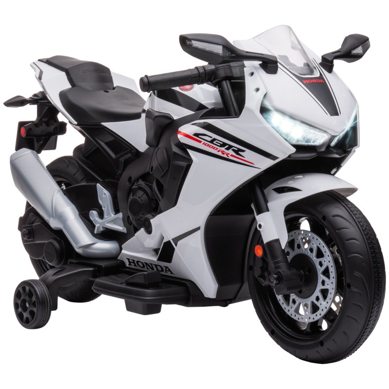 Moto Eléctrica con Licencia HONDA para 3-5 Años con Faros Bocina Música y Ruedas Auxiliares 90x44x52 cm Blanco