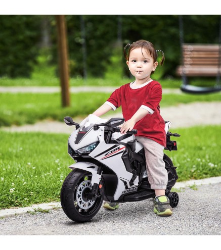 Moto Eléctrica con Licencia HONDA para 3-5 Años con Faros Bocina Música y Ruedas Auxiliares 90x44x52 cm Blanco