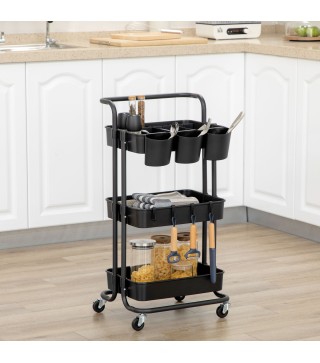 Carrito Auxiliar con Ruedas Carro de Almacenaje Multifuncional con Ganchos y Cajas Colgantes 42x38x86,5 cm Negro