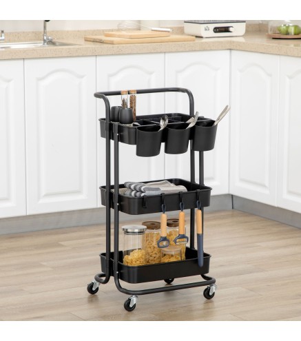 Carrito Auxiliar con Ruedas Carro de Almacenaje Multifuncional con Ganchos y Cajas Colgantes 42x38x86,5 cm Negro