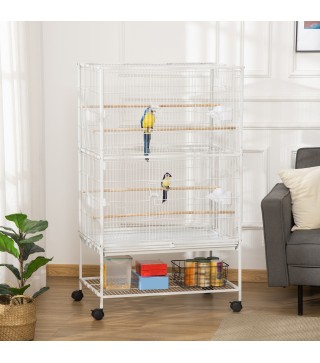 Jaula para Pájaros con Ruedas 78x52x132 cm con Bandeja Extraíble y Estante para Canarios Periquitos Blanco