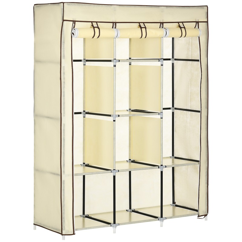 Armario de Tela Plegable Ropero Portátil con 8 Estantes y 2 Barras de Colgar para Dormitorio 125x43x162,5 cm Crema