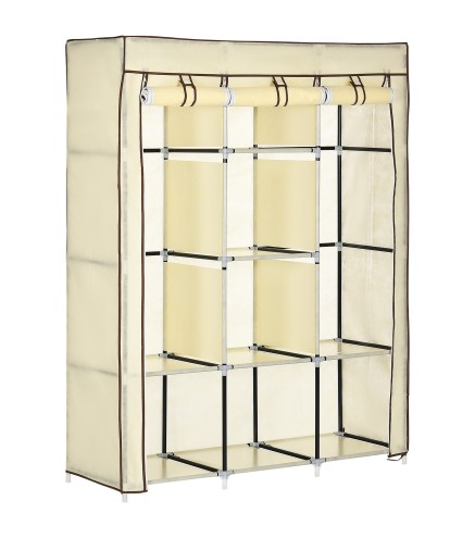 Armario de Tela Plegable Ropero Portátil con 8 Estantes y 2 Barras de Colgar para Dormitorio 125x43x162,5 cm Crema