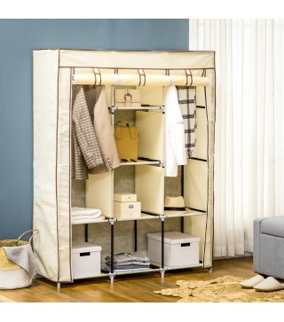 Armario de Tela Plegable Ropero Portátil con 8 Estantes y 2 Barras de Colgar para Dormitorio 125x43x162,5 cm Crema