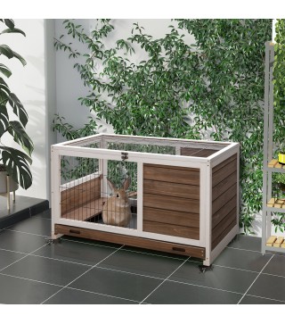 Jaula de Conejos Conejera para Mascotas Pequeñas con Techo Abrible y Bandeja Extraíble 90x53x59 cm Marrón