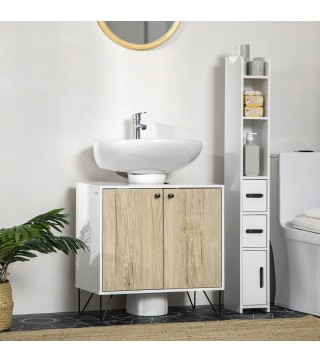 Mueble para Debajo del Lavabo Armario Bajo con 2 Puertas Estante y Patas de Acero 60x30x60 cm Roble y Blanco