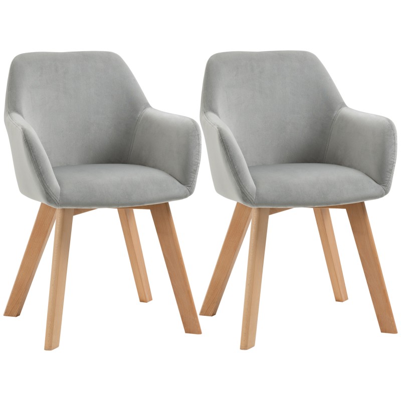 Juego de 2 Sillas de Comedor Modernas Tapizadas en Terciopelo con Patas de Madera para Salón 54x57x80 cm Gris