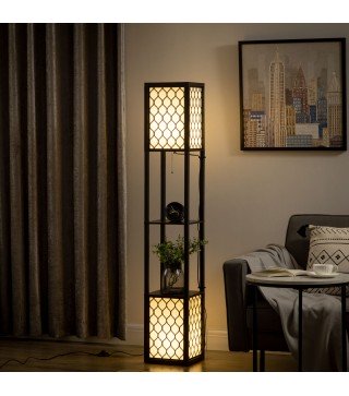 Lámpara de Pie de Madera con Estantes e Interruptor de Cadena para Salón Dormitorio 26x26x156 cm Negro y Blanco