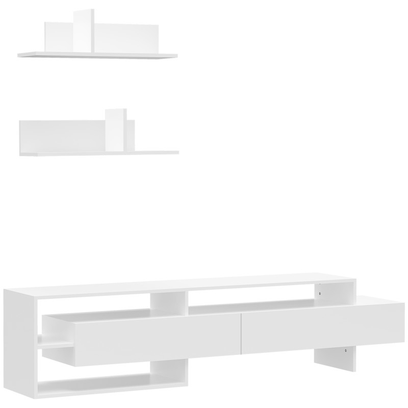 Mueble de Salón para TV con Mesa para Televisor 180x33,5x42 cm y 2 Estantes de Pared 65x20x20 cm Blanco