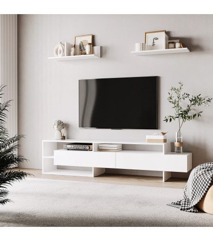 Mueble de Salón para TV con Mesa para Televisor 180x33,5x42 cm y 2 Estantes de Pared 65x20x20 cm Blanco