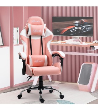 Silla Gaming Silla de Escritorio Reclinable 135° Reposacabezas y Cojín Lumbar 63x67x122-130 cm Rosa