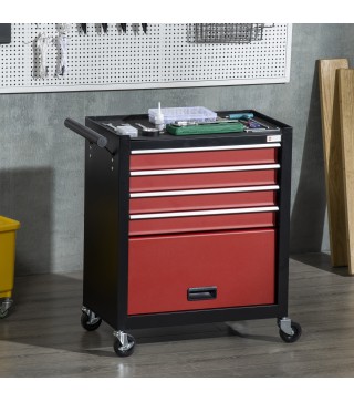 Carro de Herramientas con Ruedas 4 Cajones Compartimento de Almacenaje y Asa Lateral 69x33x75 cm Negro y Rojo