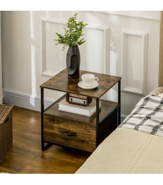 Mesita de Noche con 1 Cajón de Tela Plegable Mesa Auxiliar para Oficina Estudio 45x40x50,5 cm Marrón Rústico