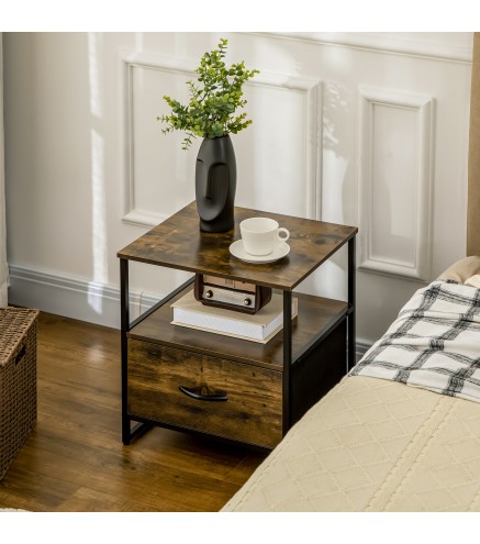 Mesita de Noche con 1 Cajón de Tela Plegable Mesa Auxiliar para Oficina Estudio 45x40x50,5 cm Marrón Rústico