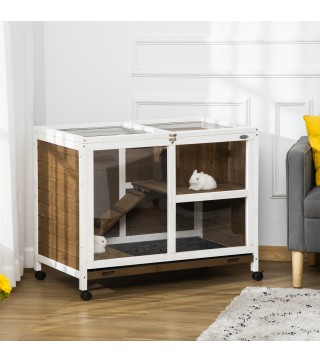 Conejera de Madera con Ruedas 91,5x53,3x73 cm Jaula para Conejos de 2 Niveles con Techo Abatible Marrón