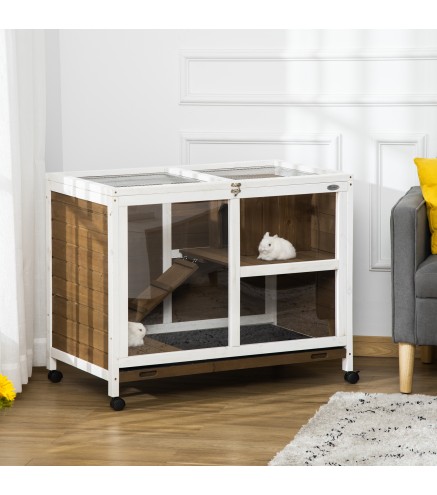 Conejera de Madera con Ruedas 91,5x53,3x73 cm Jaula para Conejos de 2 Niveles con Techo Abatible Marrón