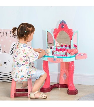 Tocador Infantil +3 Años con Taburete Espejo Luz Música y Secador Tocador de Maquillaje 57x34x76 cm Multicolor