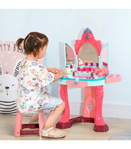 Tocador Infantil +3 Años con Taburete Espejo Luz Música y Secador Tocador de Maquillaje 57x34x76 cm Multicolor