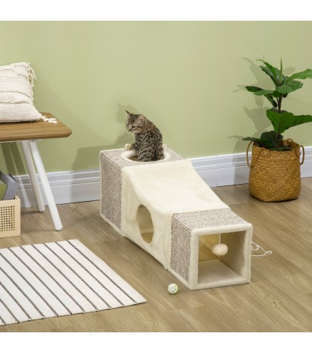 Túnel para Gatos de Interior Plegable con Múltiples Entradas Casetas de Sisal y Bola Colgante 98x30x30 cm Crema
