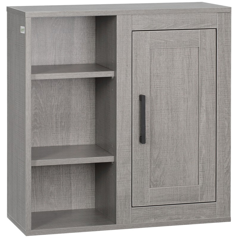 Armario de Baño de Pared con 3 Estantes Abiertos y 1 Puerta Mueble Auxiliar Suspendido Moderno 48x20x50 cm Gris